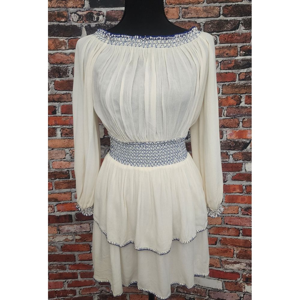 Vintage Style Cream Peasant Dress with Navy Smocked Long Sleeve Boho Midi Dress